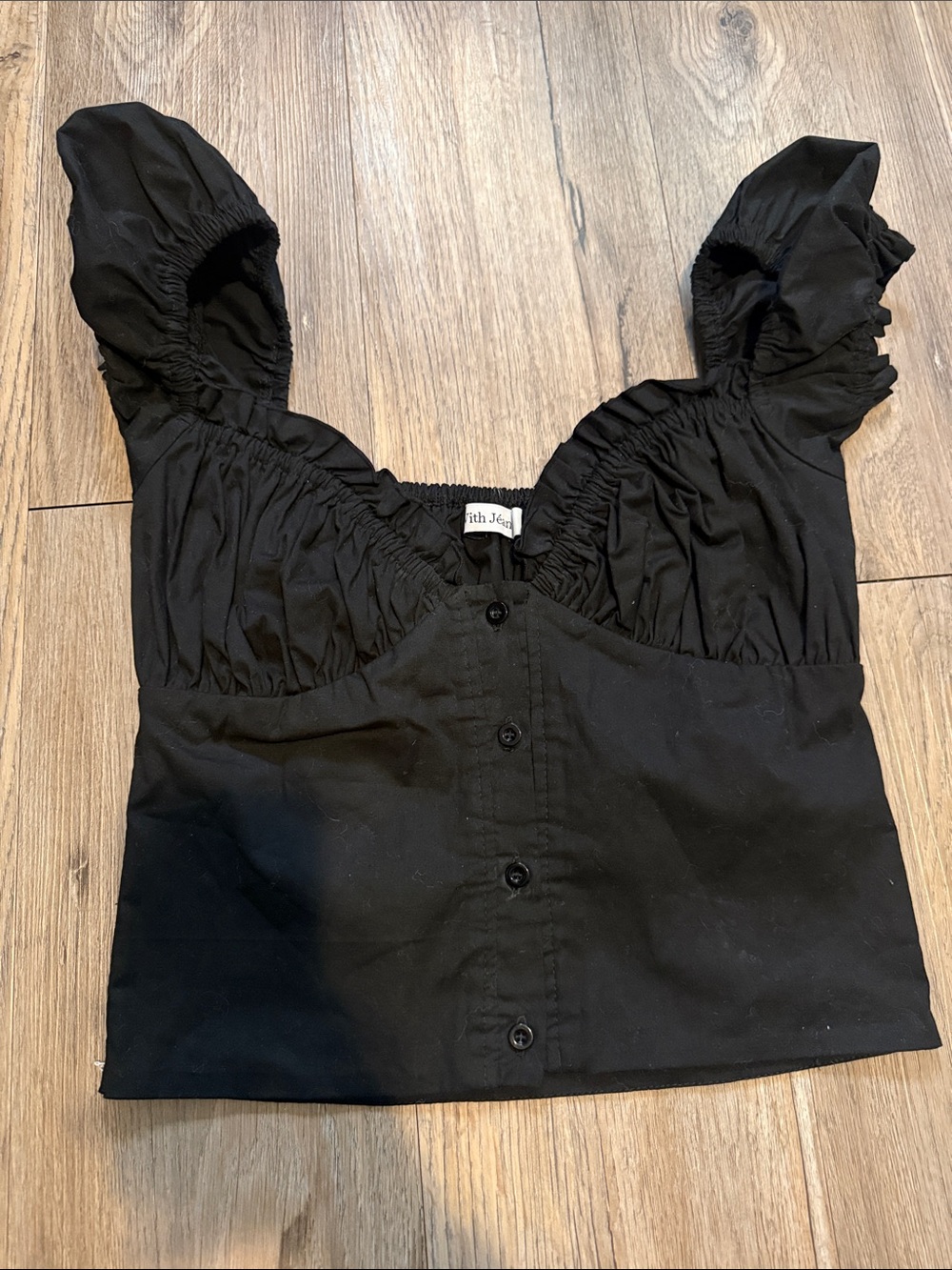 With Jean Black Puff Sleeve Button-Front Crop Top by